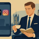 SNSを無視して本を読むスーツ姿のイギリス紳士。ロンドンを背景に、富裕層がSNSに依存しない生き方を象徴するイラスト。