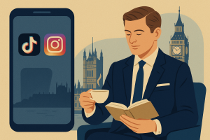 SNSを無視して本を読むスーツ姿のイギリス紳士。ロンドンを背景に、富裕層がSNSに依存しない生き方を象徴するイラスト。