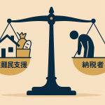 天秤の左側に「避難民支援」（住宅や食料のアイコン）、右側に「納税者」（疲れた人物アイコン）が乗り、不均衡を表すイラスト