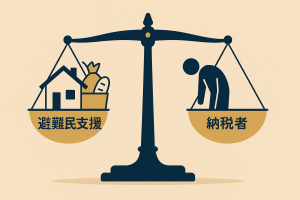 天秤の左側に「避難民支援」（住宅や食料のアイコン）、右側に「納税者」（疲れた人物アイコン）が乗り、不均衡を表すイラスト