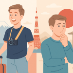 日本を訪れるイギリス人観光客と、日本に住むことを考える様子を描いたイラスト。文化の違いを象徴する構図。