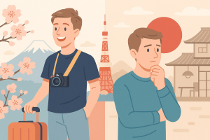日本を訪れるイギリス人観光客と、日本に住むことを考える様子を描いたイラスト。文化の違いを象徴する構図。