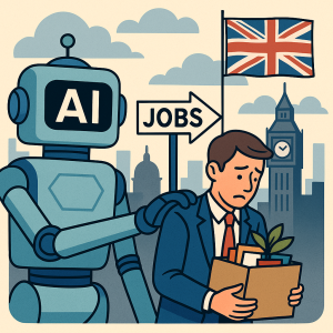 イギリスの雇用現場でAIが人間の仕事を置き換える様子を表したイラスト。ロンドンの街並みを背景に、ロボットが解雇された男性の肩に手を置いている。