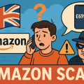 イギリスで発生しているアマゾン偽カスタマーサービス詐欺を表すイラスト。電話する男性と、£699のiPhone購入を装う詐欺師が描かれている。