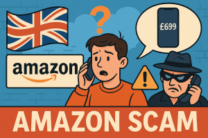 イギリスで発生しているアマゾン偽カスタマーサービス詐欺を表すイラスト。電話する男性と、£699のiPhone購入を装う詐欺師が描かれている。
