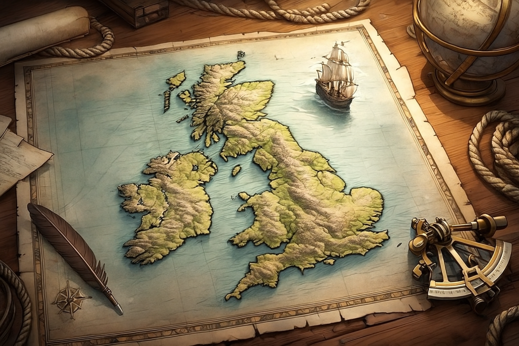 古地図の前で望遠鏡を覗く探検家がブリテン島を観察しているヴィンテージ風イラスト