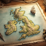 古地図の前で望遠鏡を覗く探検家がブリテン島を観察しているヴィンテージ風イラスト