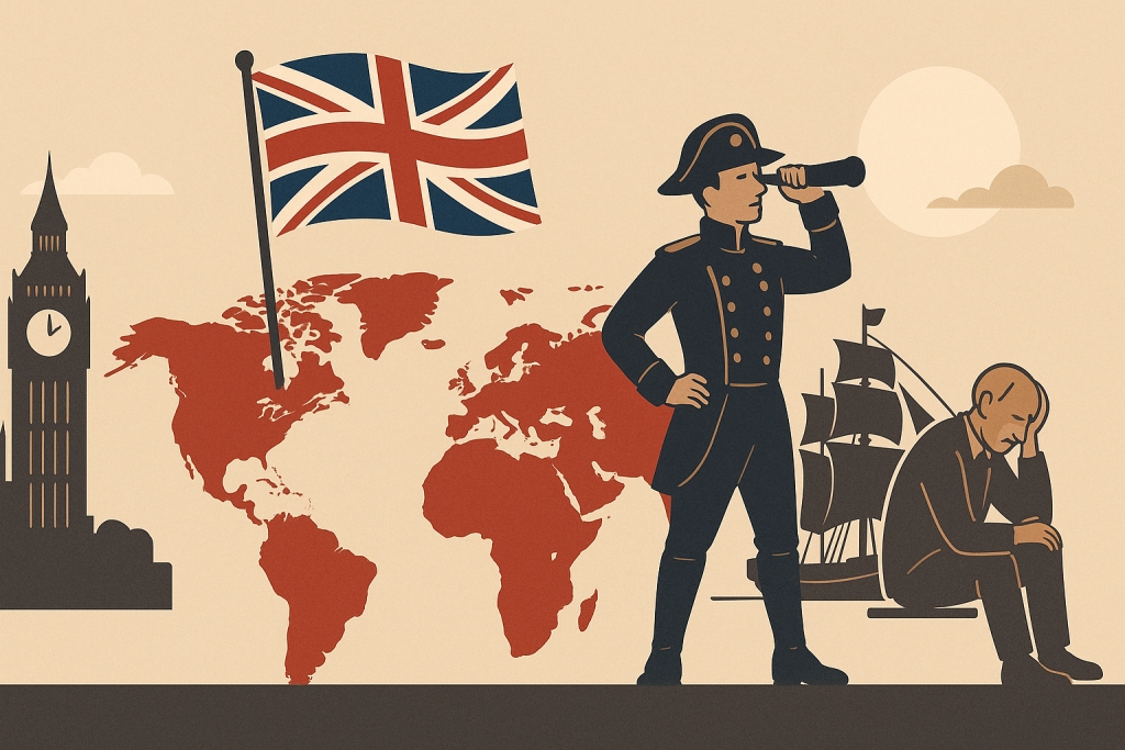世界地図とユニオンジャック、探検家、沈む船を背景にした大英帝国の興隆と衰退を表すイラスト
