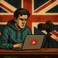 イギリスの国旗を背景に、パソコンとカメラの前で悩む表情のYouTuberを描いたイラスト。