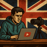 イギリスの国旗を背景に、パソコンとカメラの前で悩む表情のYouTuberを描いたイラスト。