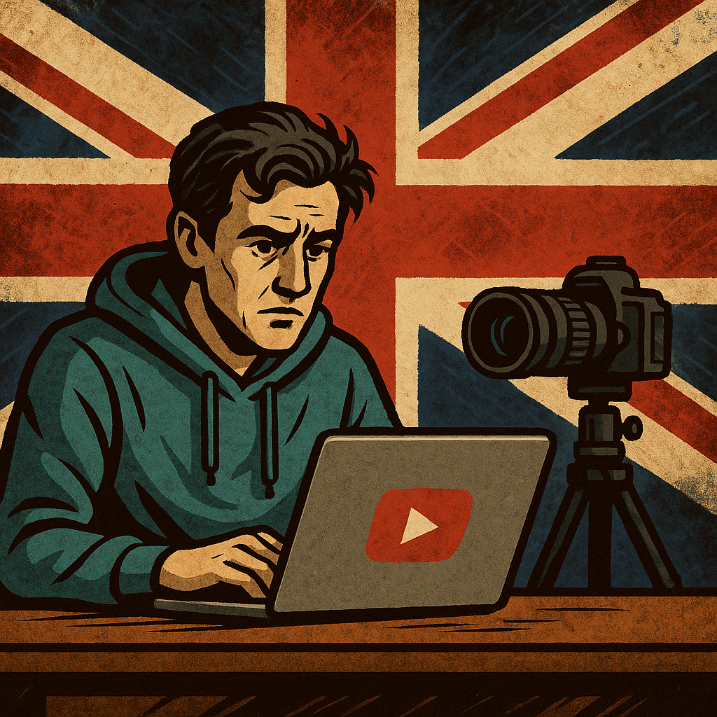 イギリスの国旗を背景に、パソコンとカメラの前で悩む表情のYouTuberを描いたイラスト。