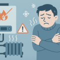 故障したボイラーと寒さに震える男性を描いた冬の暖房トラブルのイラスト