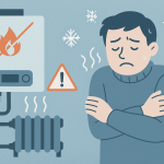 故障したボイラーと寒さに震える男性を描いた冬の暖房トラブルのイラスト