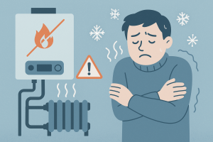 故障したボイラーと寒さに震える男性を描いた冬の暖房トラブルのイラスト