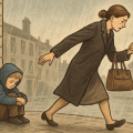 雨の中、英国の街角でうずくまる子どもと、その場を立ち去る女性を描いた横長のイラスト。家庭崩壊や育児放棄をテーマに表現した情緒的な場面。