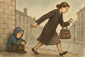 雨の中、英国の街角でうずくまる子どもと、その場を立ち去る女性を描いた横長のイラスト。家庭崩壊や育児放棄をテーマに表現した情緒的な場面。