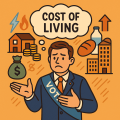 政治家が「生活コストの改善」に頭を悩ませている様子を描いたイラスト。背景には家、コイン、電気、食品、物価上昇の矢印などの象徴的なアイコンが並び、「COST OF LIVING」と書かれた吹き出しがある。