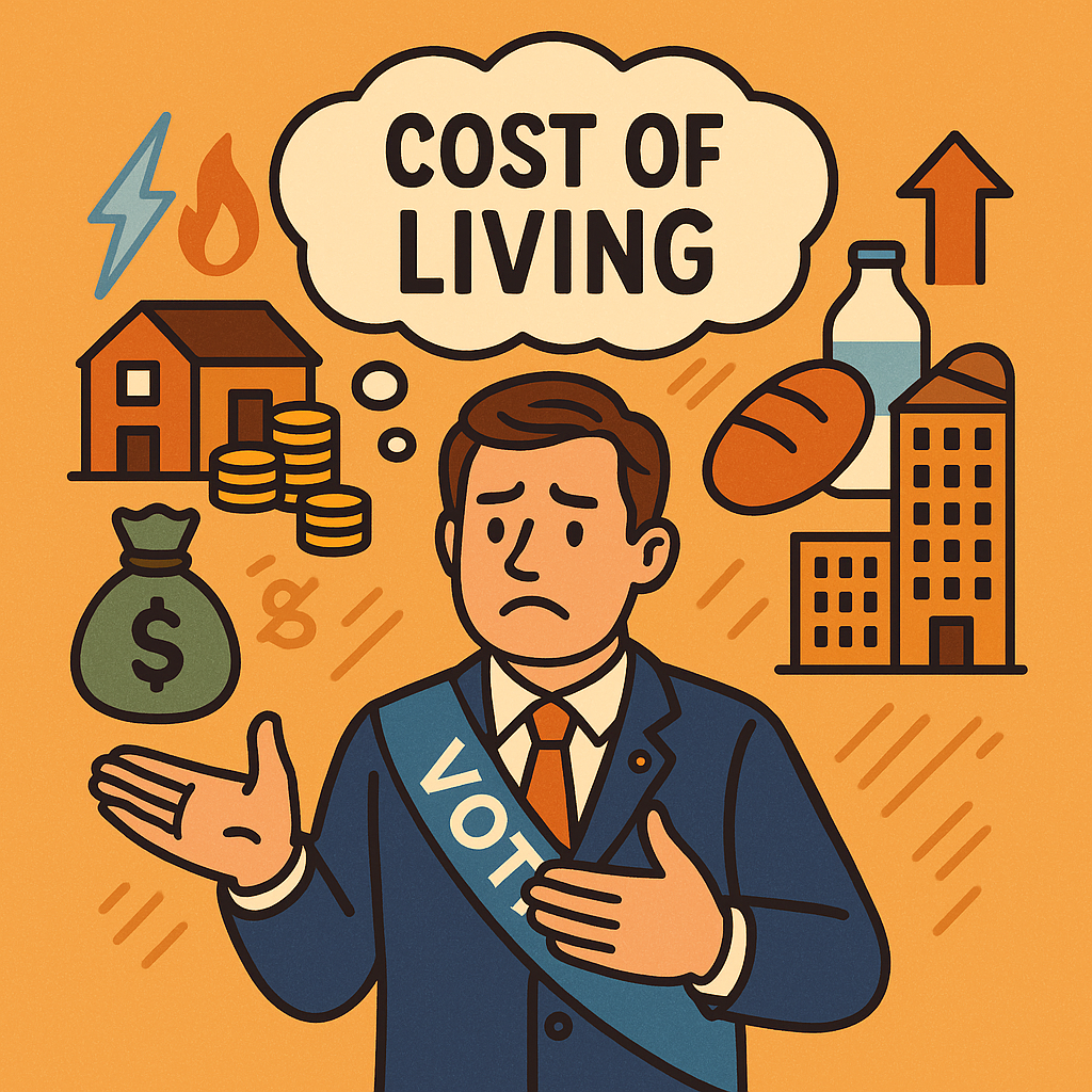 政治家が「生活コストの改善」に頭を悩ませている様子を描いたイラスト。背景には家、コイン、電気、食品、物価上昇の矢印などの象徴的なアイコンが並び、「COST OF LIVING」と書かれた吹き出しがある。