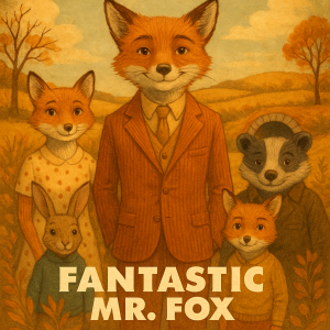 『Fantastic Mr. Fox』のアイキャッチ画像。スーツ姿のキツネ、秋の田園と黄金色の光を背景にしたシンメトリー構図のシネマティック・イラスト。