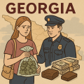 ジョージアで大麻密輸容疑に問われた英国人女性と警官を描いたイラスト。背景にジョージア地図と現金、ハシシが描かれている。