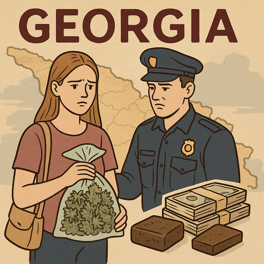 ジョージアで大麻密輸容疑に問われた英国人女性と警官を描いたイラスト。背景にジョージア地図と現金、ハシシが描かれている。