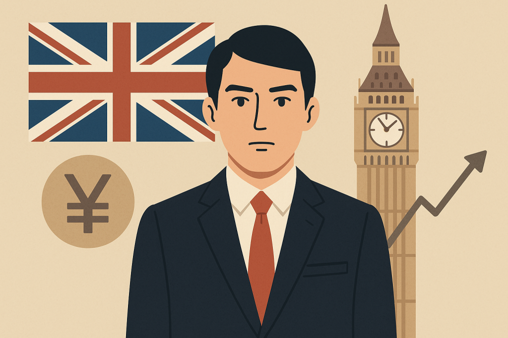 イギリスの国旗とビッグベンを背景に、日本人ビジネスマンが立っている横長のイラスト。円安や経済を象徴するグラフと円マークが描かれている。
