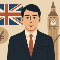 イギリスの国旗とビッグベンを背景に、日本人ビジネスマンが立っている横長のイラスト。円安や経済を象徴するグラフと円マークが描かれている。