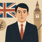 イギリスの国旗とビッグベンを背景に、日本人ビジネスマンが立っている横長のイラスト。円安や経済を象徴するグラフと円マークが描かれている。