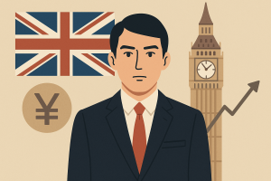 イギリスの国旗とビッグベンを背景に、日本人ビジネスマンが立っている横長のイラスト。円安や経済を象徴するグラフと円マークが描かれている。