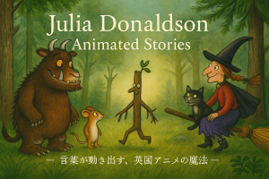 ジュリア・ドナルドソン原作アニメーション作品のアイキャッチ画像。グラファロー、スティックマン、スネイルとくじらなどのキャラクターが水彩風に描かれた英国絵本のようなコラージュ。