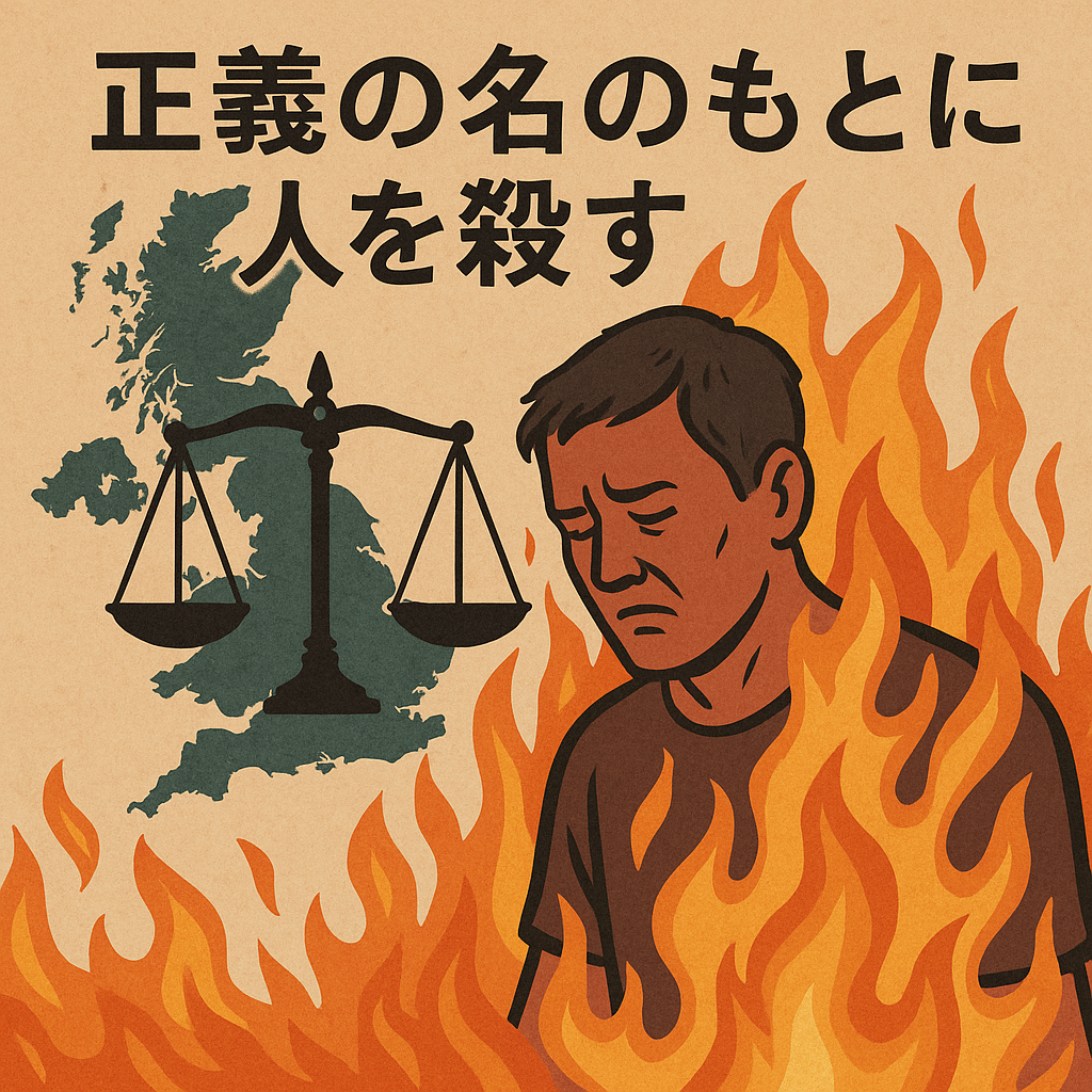 英国地図と天秤を背景に、炎に包まれ苦悩する男性を描いたイラスト。正義と復讐の狭間で揺れる人間の葛藤を象徴している。