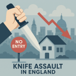 イギリスで発生した無差別刺傷事件を象徴するイラスト。ナイフを持つ手とロンドンの街並み、背景には下降する赤い矢印が描かれている。