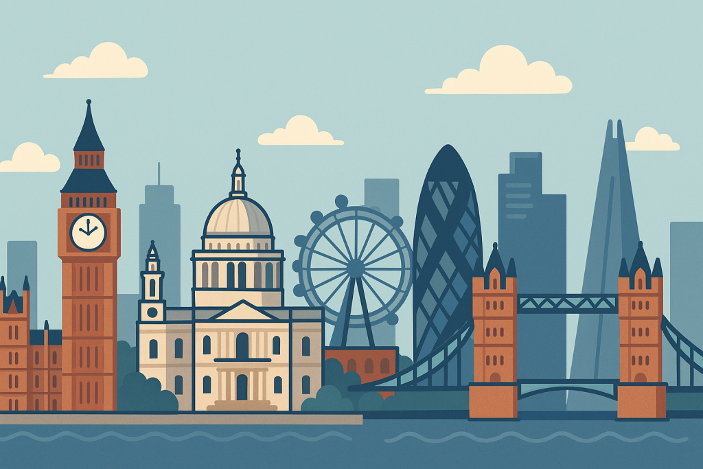 ロンドンの主要ランドマークを描いた横長のフラットイラスト。ビッグベン、セント・ポール大聖堂、ロンドン・アイ、ガーキン、タワーブリッジが並ぶ都市風景。