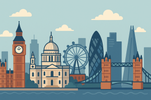 ロンドンの主要ランドマークを描いた横長のフラットイラスト。ビッグベン、セント・ポール大聖堂、ロンドン・アイ、ガーキン、タワーブリッジが並ぶ都市風景。