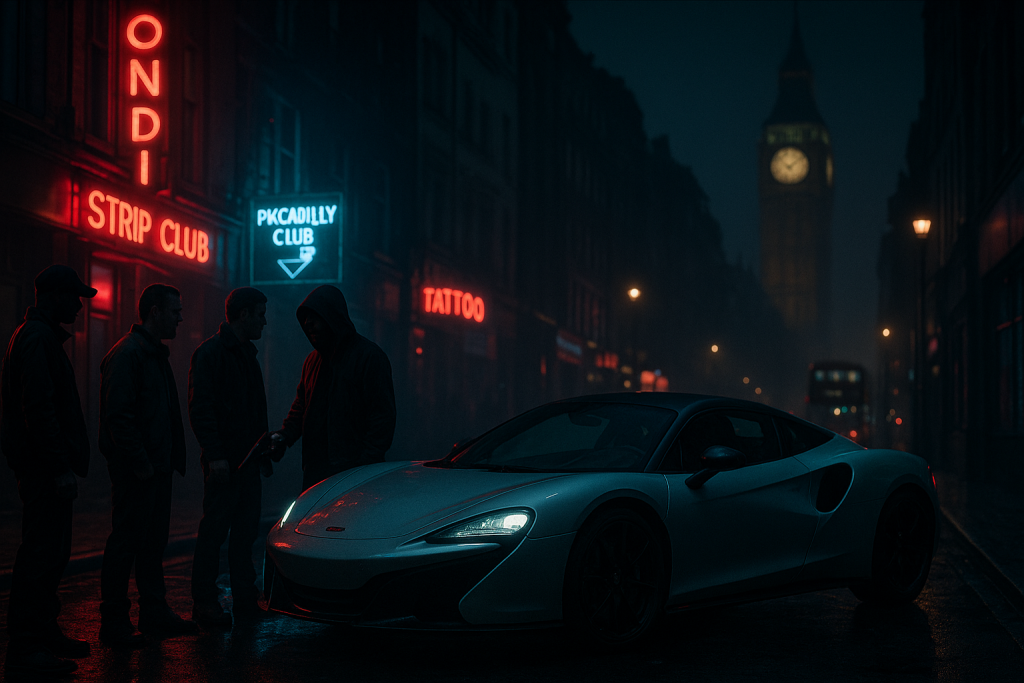 ロンドンの夜の裏通りで高級車の前に立つギャングの男たち。ネオン街とビッグベンが背景に映り、危険な雰囲気が漂う。