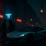 ロンドンの夜の裏通りで高級車の前に立つギャングの男たち。ネオン街とビッグベンが背景に映り、危険な雰囲気が漂う。