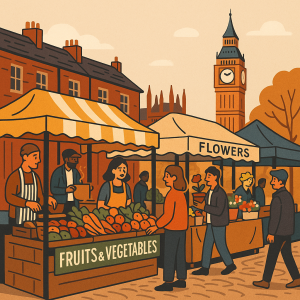 ロンドンのローカルマーケットで、野菜や花を販売する屋台と買い物を楽しむ人々を描いたイラスト。