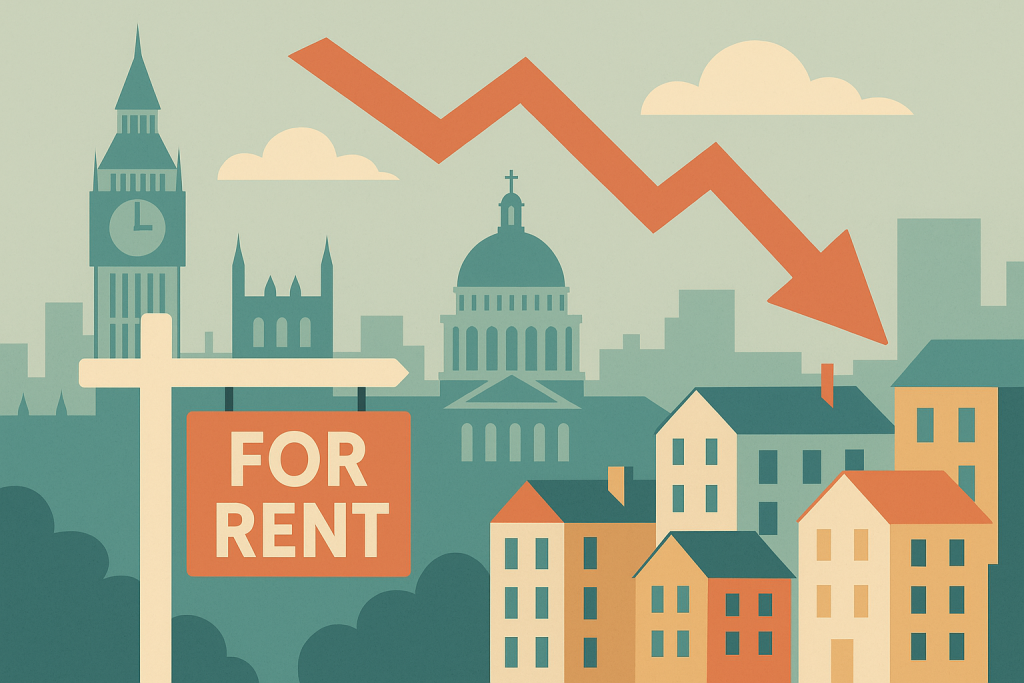 ロンドンの賃貸市場の下落を象徴するイラスト。背景にロンドンの街並みと赤い下向き矢印、前景に「FOR RENT」の看板が描かれている。