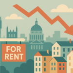 ロンドンの賃貸市場の下落を象徴するイラスト。背景にロンドンの街並みと赤い下向き矢印、前景に「FOR RENT」の看板が描かれている。