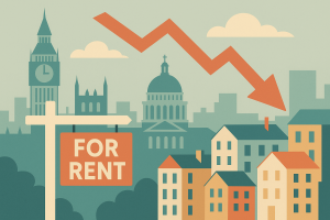 ロンドンの賃貸市場の下落を象徴するイラスト。背景にロンドンの街並みと赤い下向き矢印、前景に「FOR RENT」の看板が描かれている。