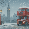 11月のロンドンで雪が降り、ビッグベンと赤い2階建てバスが雪景色に包まれているイラスト