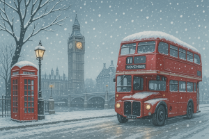11月のロンドンで雪が降り、ビッグベンと赤い2階建てバスが雪景色に包まれているイラスト