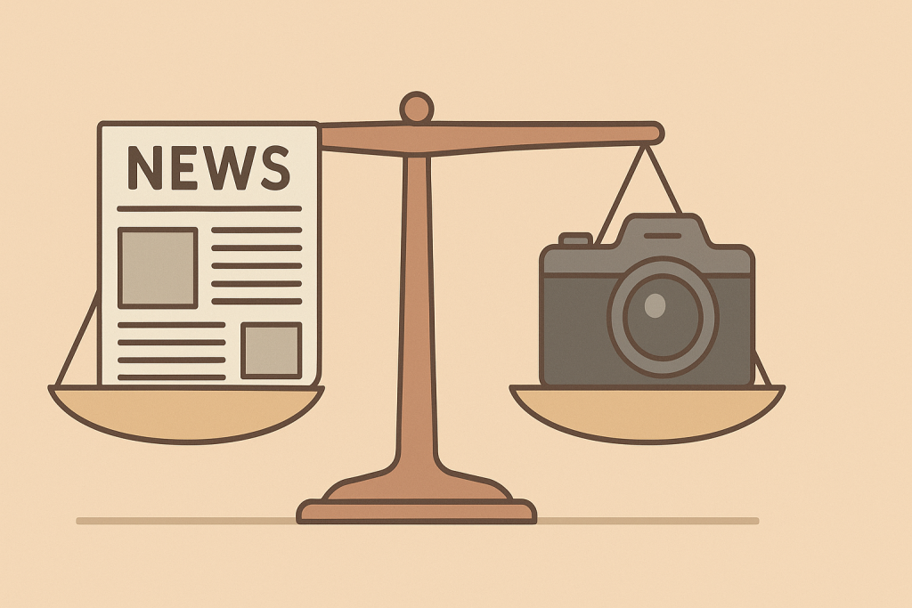 新聞とカメラが天秤に乗せられ、報道の公平性と忠実性を象徴しているイラスト。