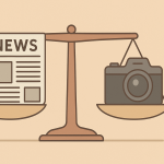 新聞とカメラが天秤に乗せられ、報道の公平性と忠実性を象徴しているイラスト。