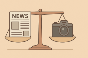 新聞とカメラが天秤に乗せられ、報道の公平性と忠実性を象徴しているイラスト。