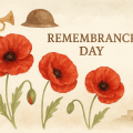 赤いポピーの花と戦没者慰霊碑を描いた、Remembrance Day（追悼の日）を象徴するイラスト
