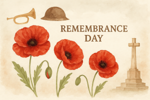 赤いポピーの花と戦没者慰霊碑を描いた、Remembrance Day（追悼の日）を象徴するイラスト