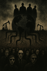 石油資源を支配する富裕層と、資源を奪われ絶望する大衆を描いた不気味なイラスト。