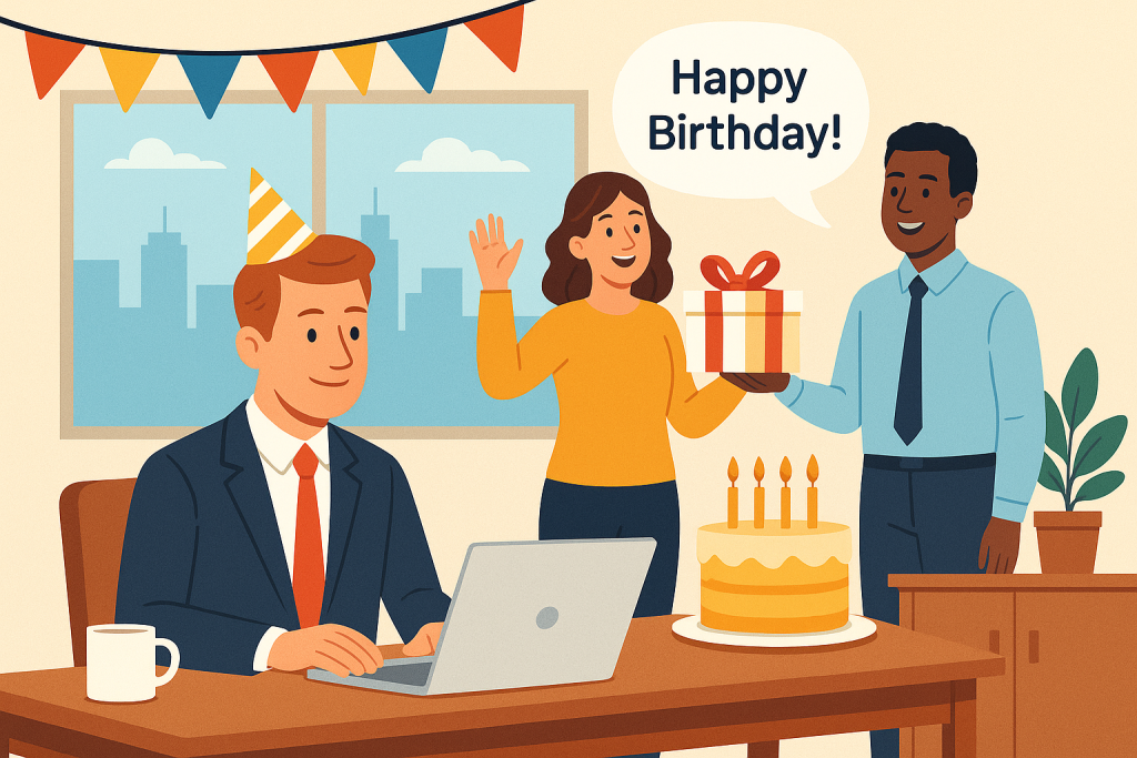 誕生日を迎えた社員を同僚がオフィスで祝っている様子を描いたイギリスの職場風イラスト。