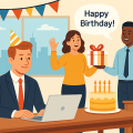 誕生日を迎えた社員を同僚がオフィスで祝っている様子を描いたイギリスの職場風イラスト。